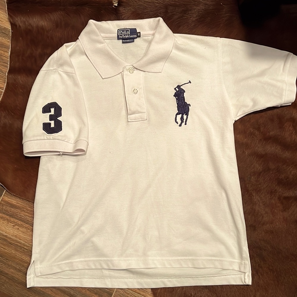 Polo by Ralph Lauren, white polo with enlarged embroidered polo insignia. Medium